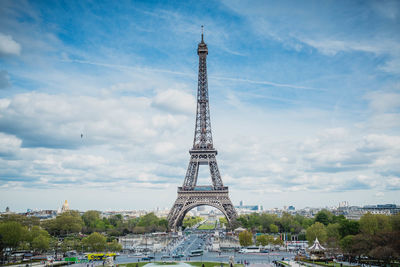 Eiffel tower against cloudy sky