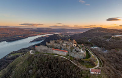 Hungary - visegrad castle near danube river from drone view