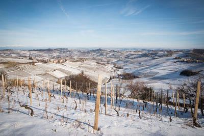 Scenic view of snow covered field against sky