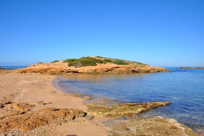 Scenic view of sea against clear blue sky