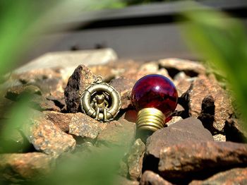 High angle view of wedding rings on rock