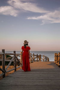 Rear view of pier over sea against sky