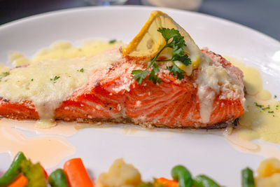 Close-up of fish served in plate