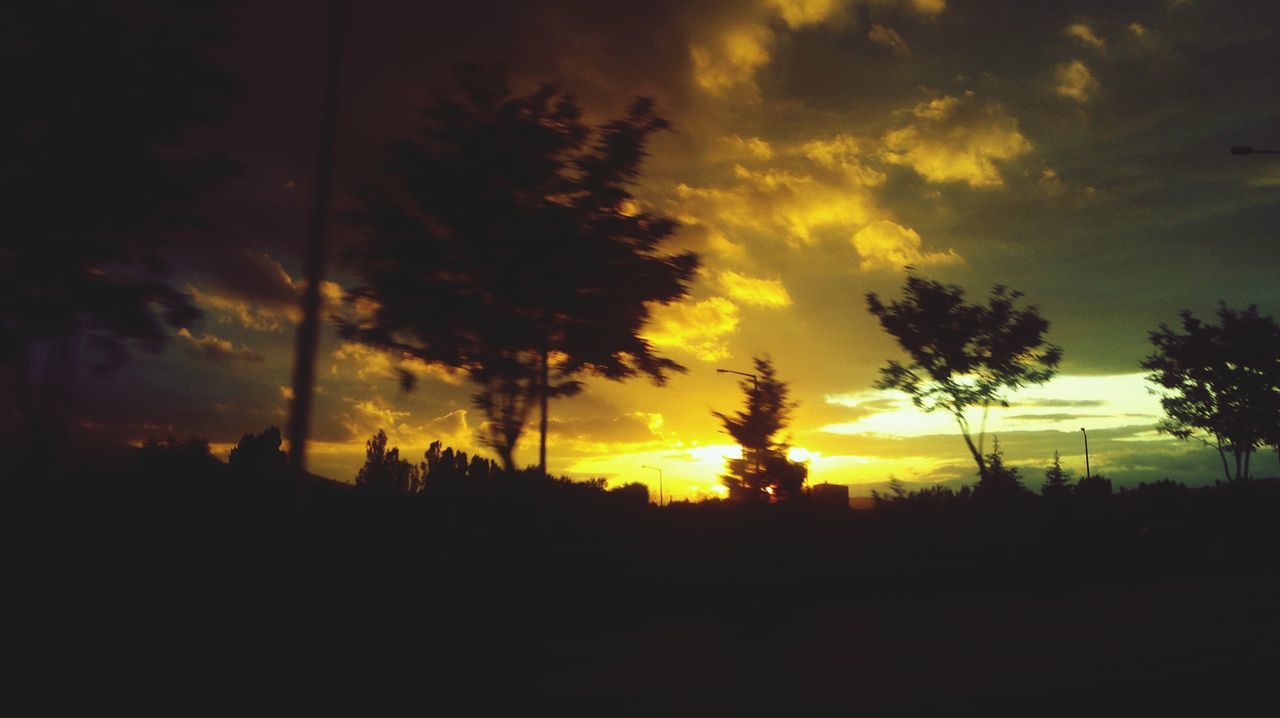 sunset, silhouette, tree, sky, tranquility, scenics, tranquil scene, beauty in nature, orange color, nature, idyllic, dark, cloud - sky, outline, dramatic sky, landscape, outdoors, cloud, dusk, no people