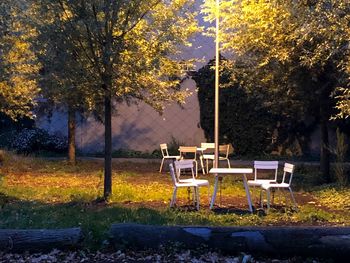 Empty chairs and tables in park during autumn