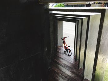 High angle view of bicycle in corridor