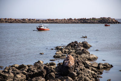 Sailboat on rock in sea against clear sky