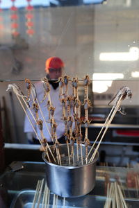 Fried scorpions and sea horses on skewer