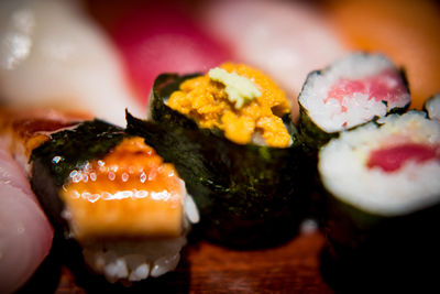 Close-up of sushi served in plate
