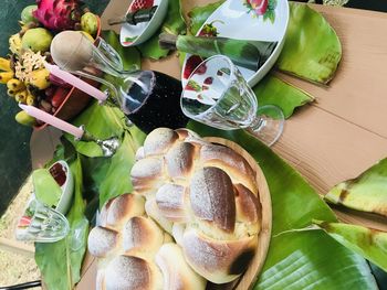 High angle view of fruits in plate on table