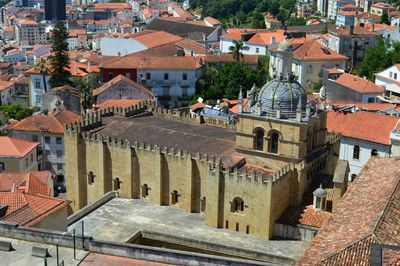 High angle view of cathedral amidst houses