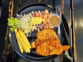 High angle view of food on barbecue grill