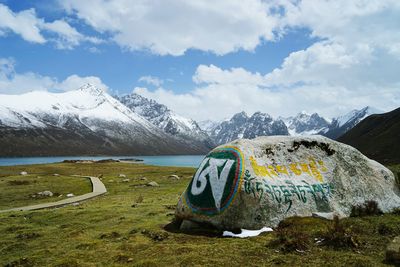 Scenic view of snow covered mountains against sky