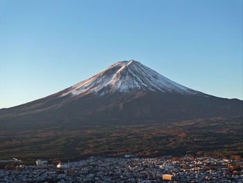 Scenic view of snowcapped mountains against clear sky