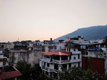 High angle view of townscape against sky at sunset