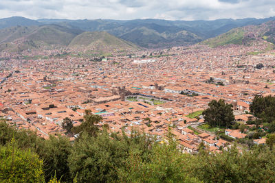 High angle view of landscape against mountains