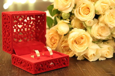 Close-up of red roses in box