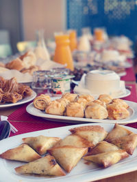 Close-up of food served on table