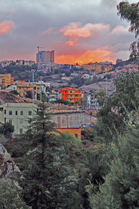 High angle view of townscape against sky at sunset