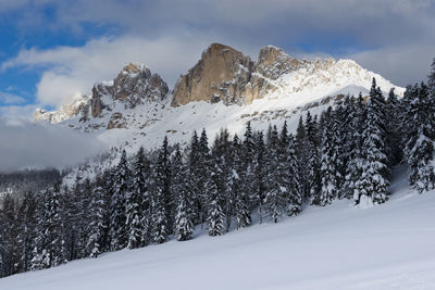 Scenic view of snow covered mountains against sky