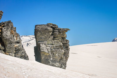 Rock formations on landscape against clear blue sky