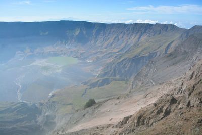 Aerial view of landscape with mountain range in background