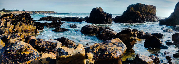 Panoramic view of rocks on sea against sky