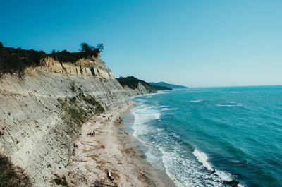 Scenic view of sea against clear blue sky