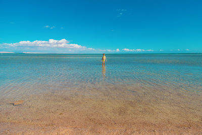 Scenic view of beach against blue sky