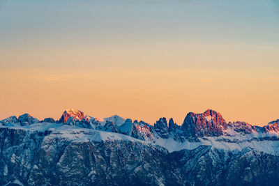 Scenic view of snowcapped mountains against sky during sunset