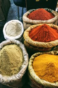 High angle view of spices for sale at market stall