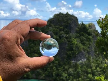 Cropped hand of person holding crystal ball against trees and sky