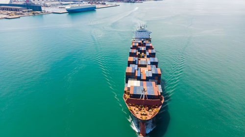 High angle view of ship in sea