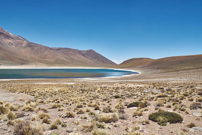 Scenic view of mountains against blue sky