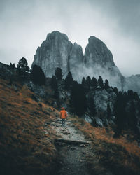 Rear view of person walking on rock against sky