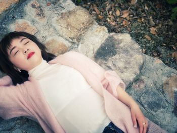 High angle view of young woman