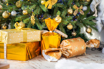 Close-up of christmas decorations on table