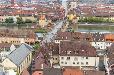 High angle view of buildings in town