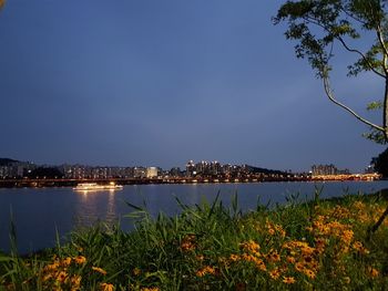 Illuminated city by lake against sky at night