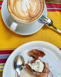 High angle view of breakfast served on table