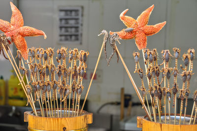 Close-up of food on skewer for sale at concession stand