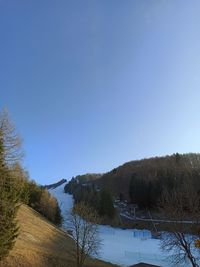 Scenic view of snow covered landscape against clear blue sky