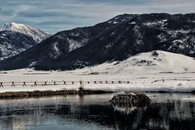 Scenic view of snowcapped mountains and lake against sky