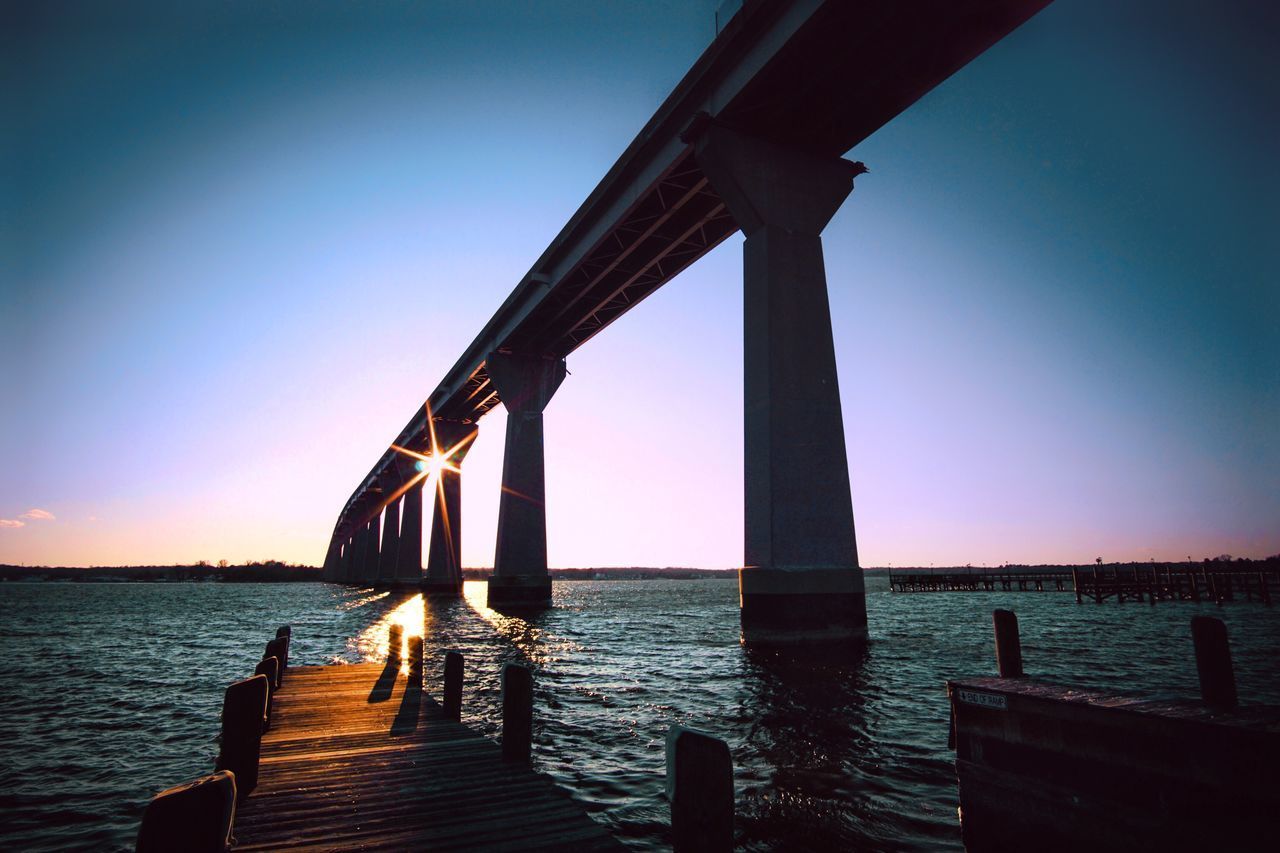 PIER ON SEA AGAINST CLEAR SKY DURING SUNSET