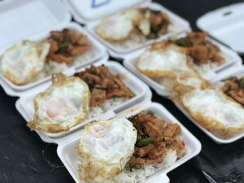 High angle view of food served on table