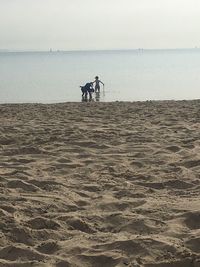 Men standing on beach against sky