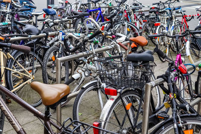 High angle view of bicycles in parking lot