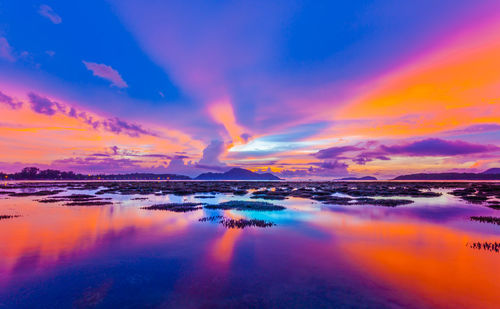 Panoramic view of sea against dramatic sky during sunset
