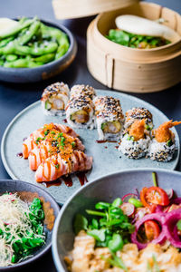 High angle view of meal served on table