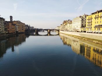 Bridge over river by buildings against sky in city